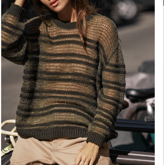 Zara khaki green touch of alpaca striped open knit oversized sweater NWT - Picture 2 of 8